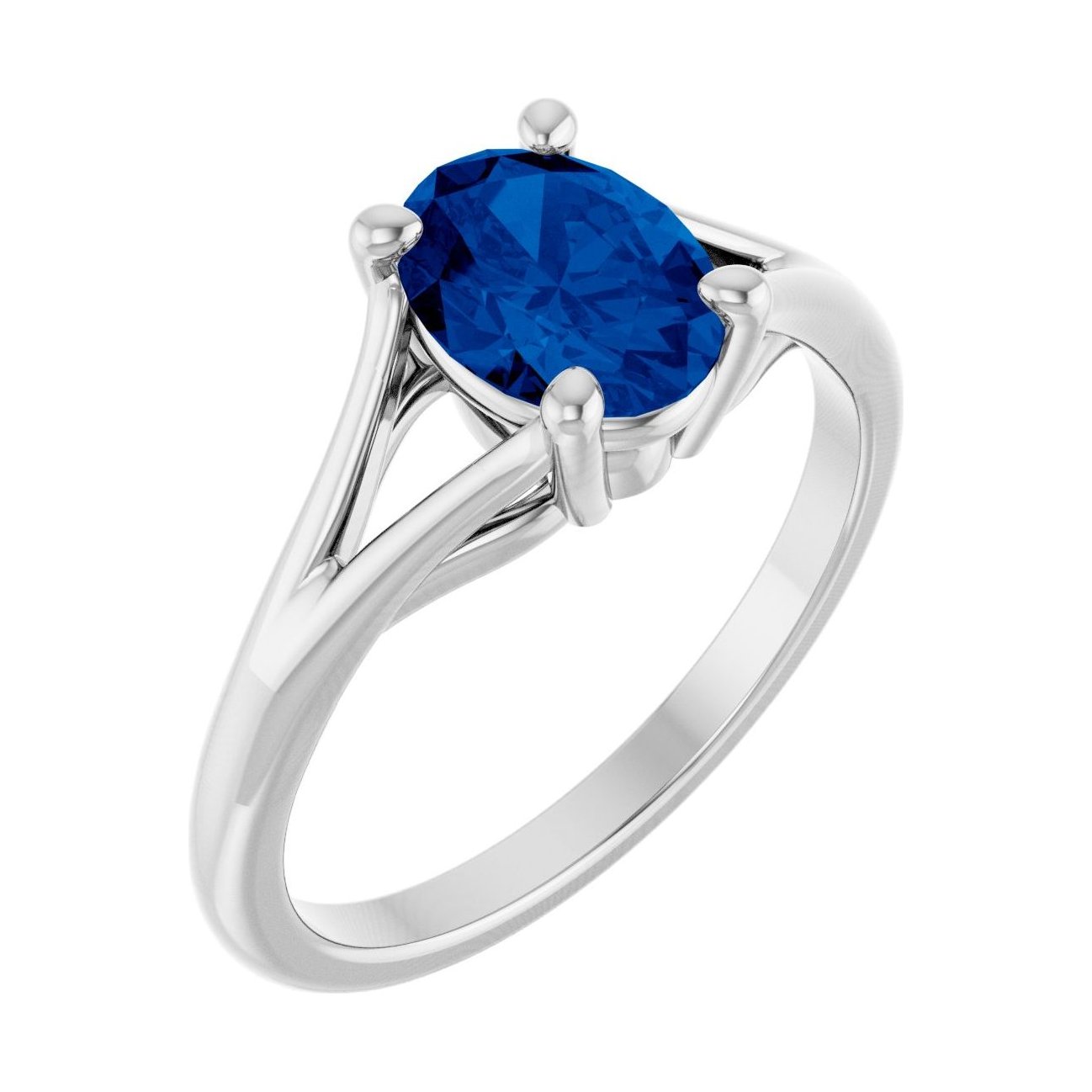 Oval Blue Sapphire Split-Shank Engagement Ring in 14K White Gold with 1.5 ct oval diamond