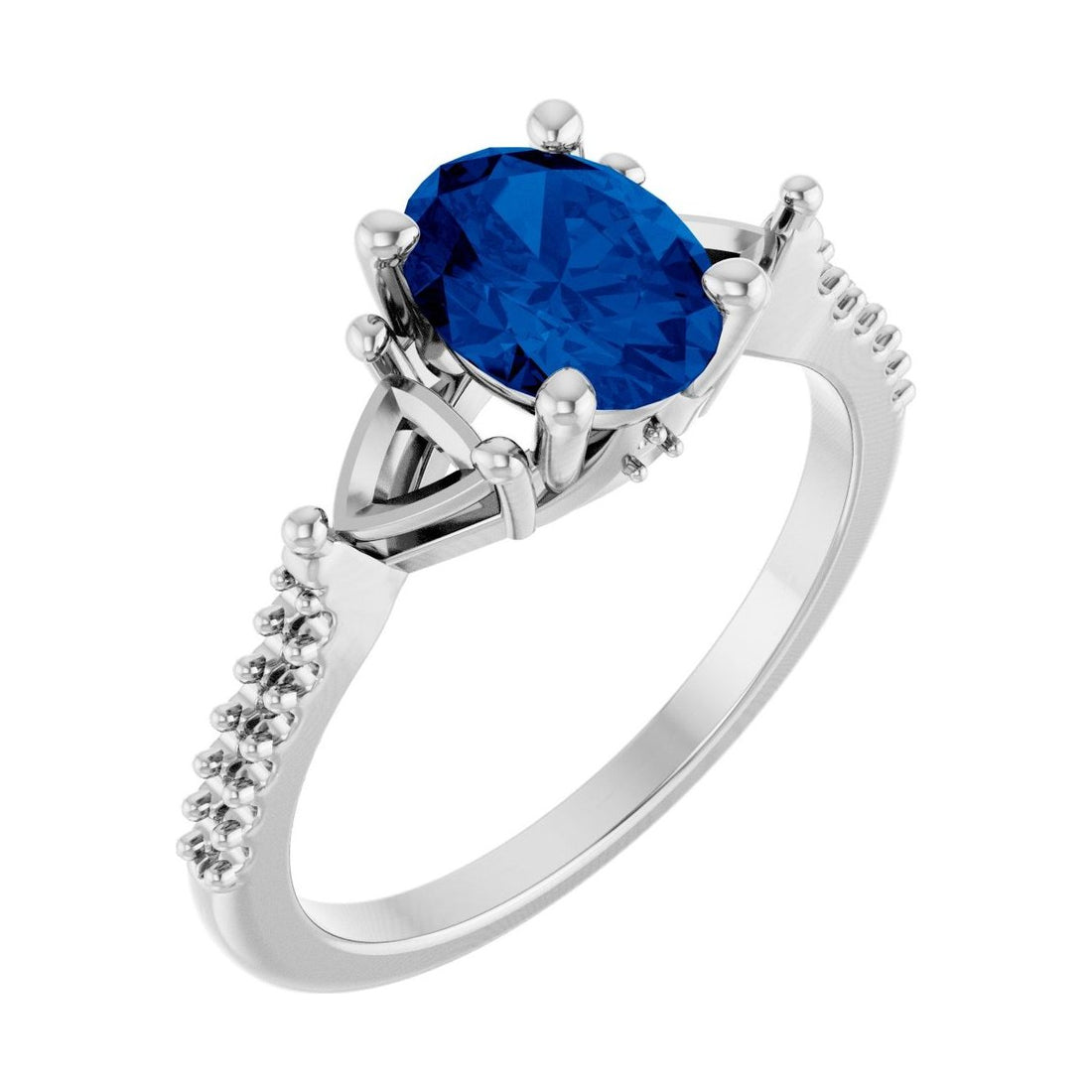 Oval Blue Sapphire Three-Stone Engagement Ring in 14K White Gold with 1.5 ct oval diamond