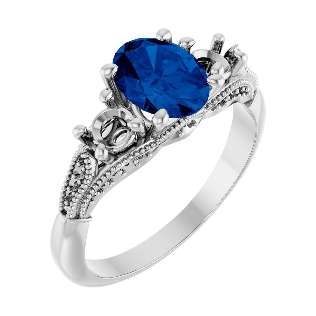 Oval Blue Sapphire Three-Stone Engagement Ring in 14K White Gold with 1.5 ct oval diamond