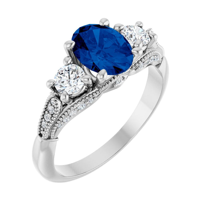 Oval Blue Sapphire Three-Stone Engagement Ring in 14K White Gold with 1.5 ct oval diamond