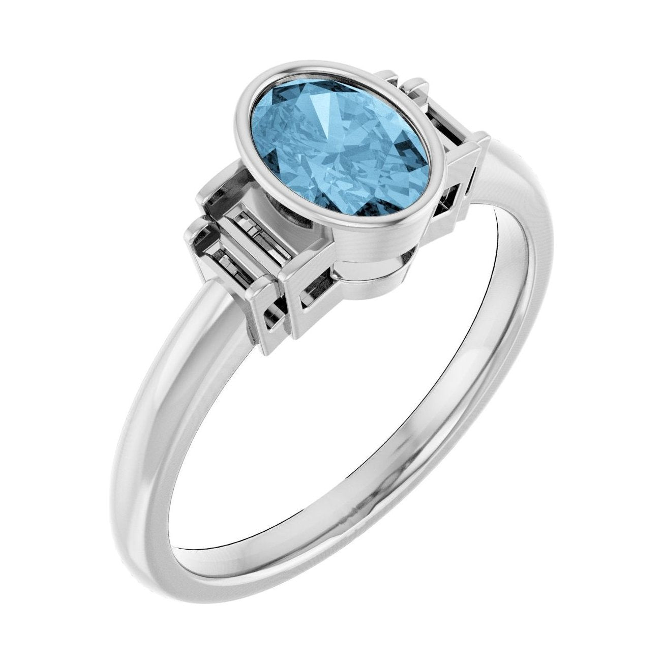 Oval Blue Topaz Bezel-Set Engagement Ring in 14K White Gold with 1.0 ct oval diamond