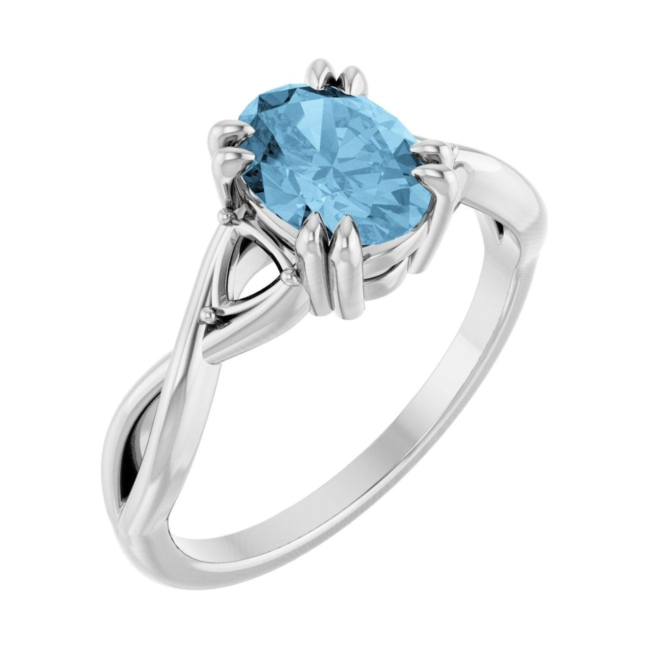Oval Blue Topaz Double Claw-Prong Three-Stone Engagement Ring in 14K White Gold with 1.5 ct oval diamond