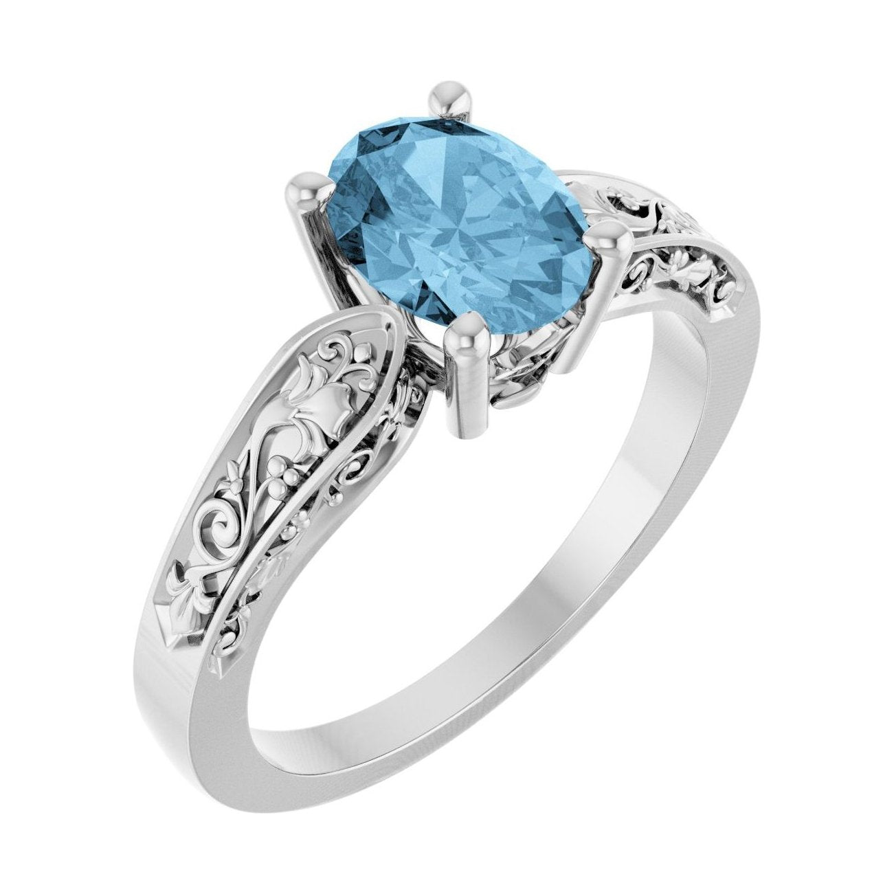 Oval Blue Topaz Floral Sculptural Solitaire Engagement Ring in 14K White Gold with 1.5 ct oval diamond