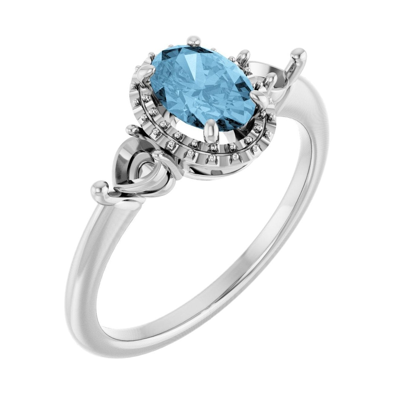 Oval Blue Topaz Halo-Accented Three-Stone Engagement Ring in 14K White Gold with 1.0 ct oval diamond