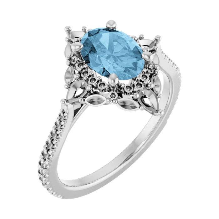 Oval Blue Topaz Halo Engagement Ring in 14K White Gold with 1.5 ct oval diamond