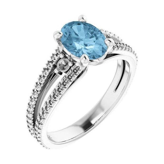Oval Blue Topaz Pavé Engagement Ring in 14K White Gold with 1.5 ct oval diamond