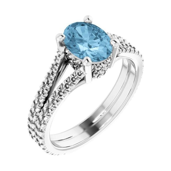 Oval Blue Topaz Pavé Engagement Ring in 14K White Gold with 1.5 ct oval diamond