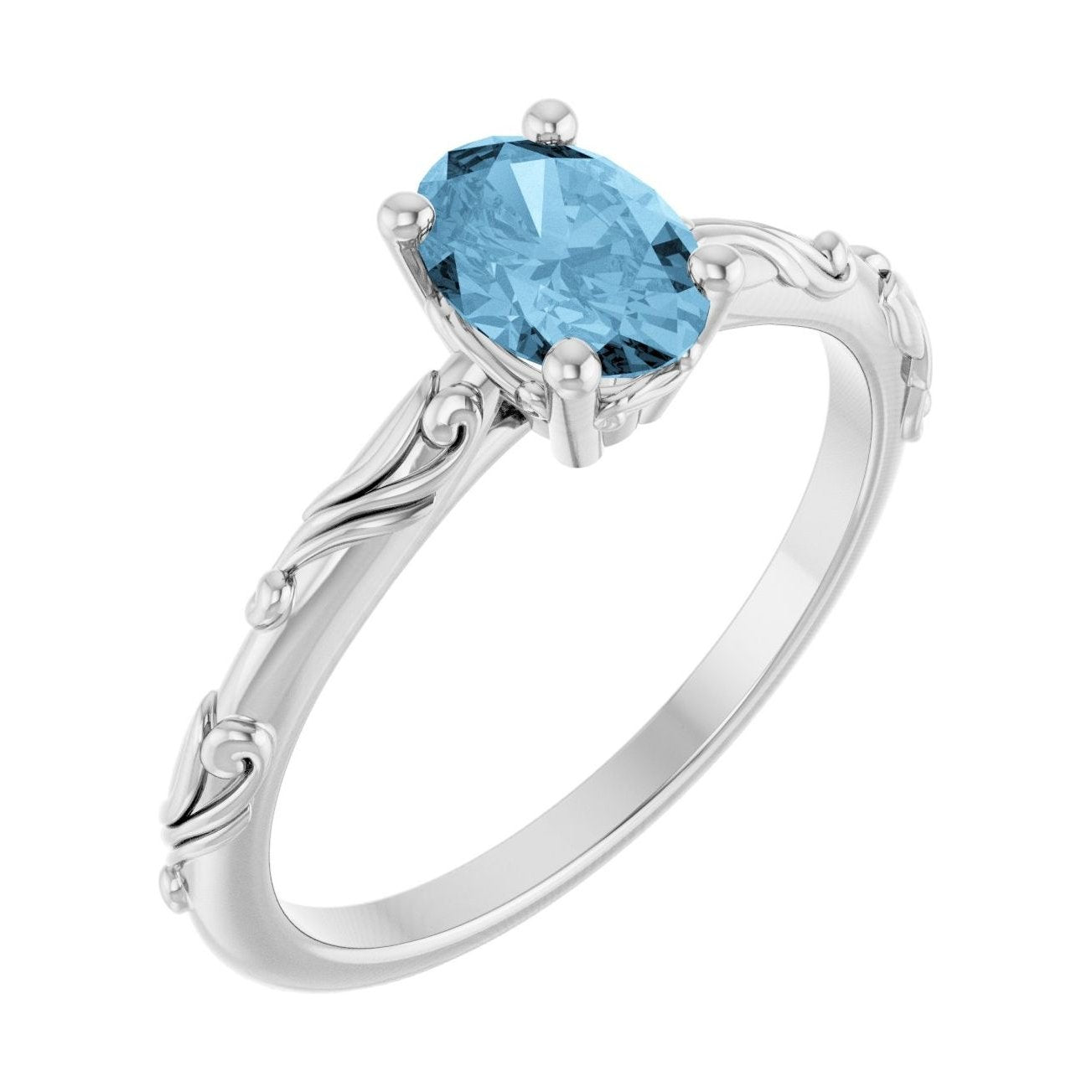 Oval Blue Topaz Scroll Sculptural Solitaire Engagement Ring in 14K White Gold with 1.0 ct oval diamond