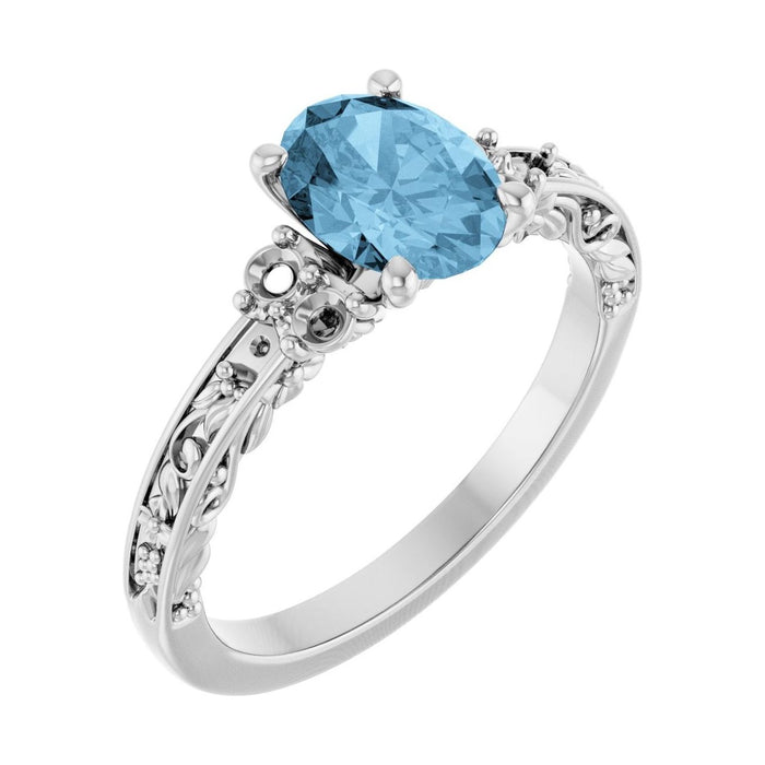 Oval Blue Topaz Sculptural Pavé Engagement Ring in 14K White Gold with 1.5 ct oval diamond
