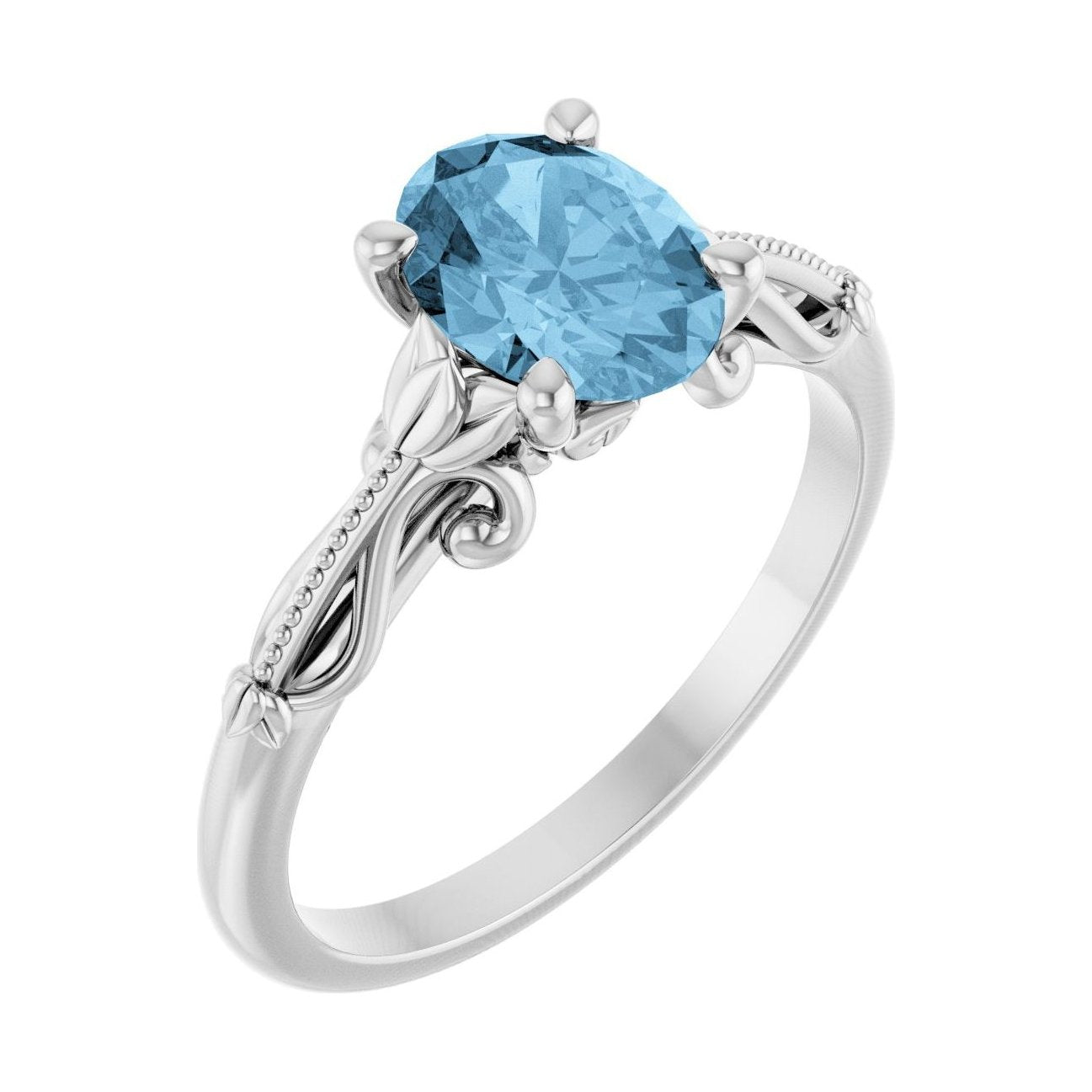 Oval Blue Topaz Sculptural Solitaire Engagement Ring in 14K White Gold with 1.5 ct oval diamond