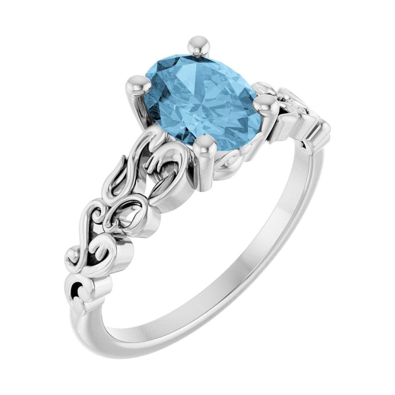 Oval Blue Topaz Sculptural Solitaire Engagement Ring in 14K White Gold with 1.5 ct oval diamond