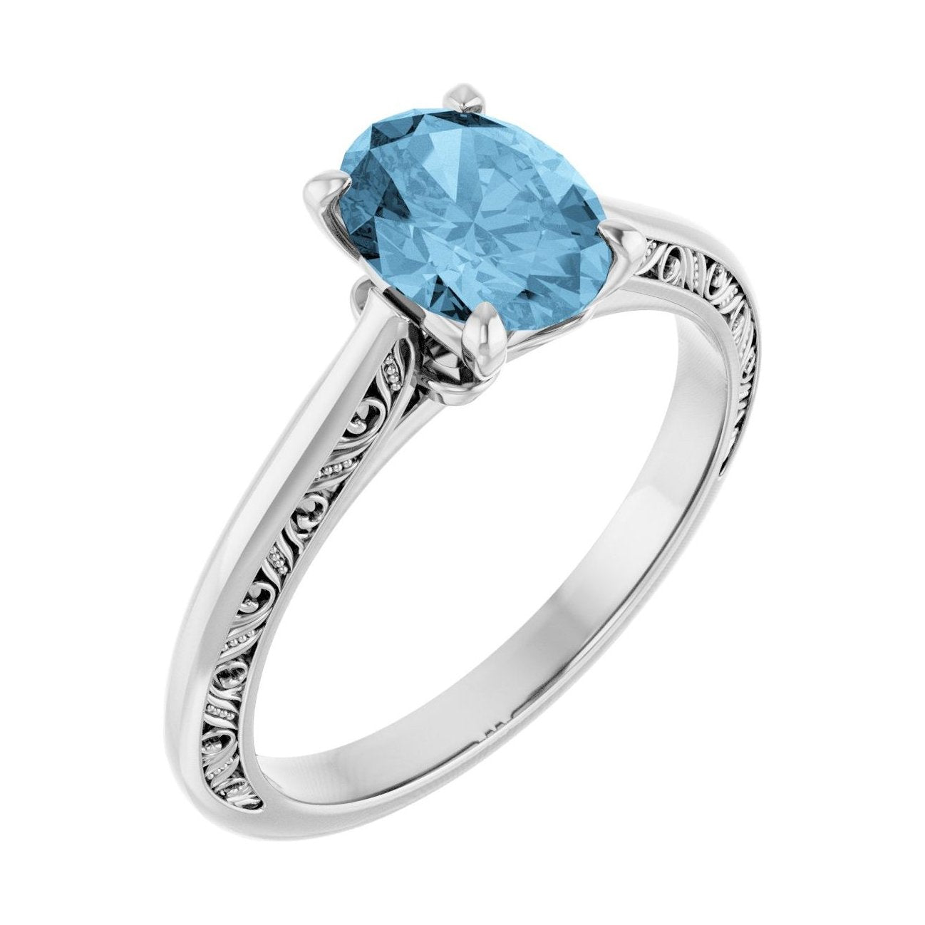 Oval Blue Topaz Sculptural Solitaire Engagement Ring in 14K White Gold with 1.5 ct oval diamond