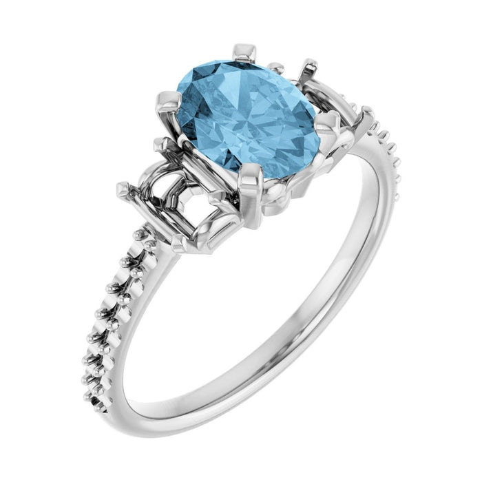 Oval Blue Topaz Three-Stone Engagement Ring in 14K White Gold with 1.5 ct oval diamond