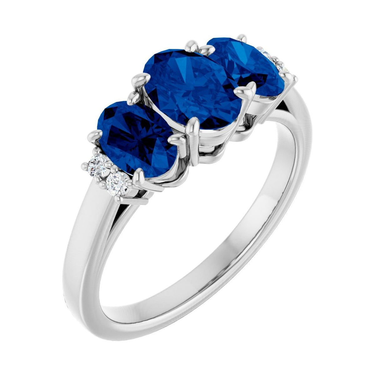 oval classic three-stone birthstone ring blue sapphire white gold
