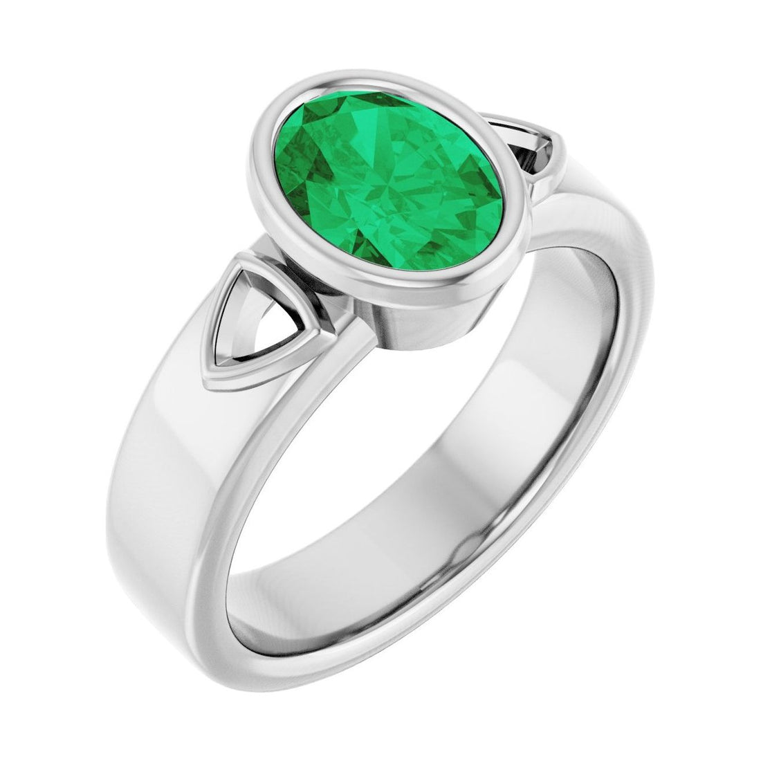 Oval Emerald Bezel-Set Engagement Ring in 14K White Gold with 1.5 ct oval diamond