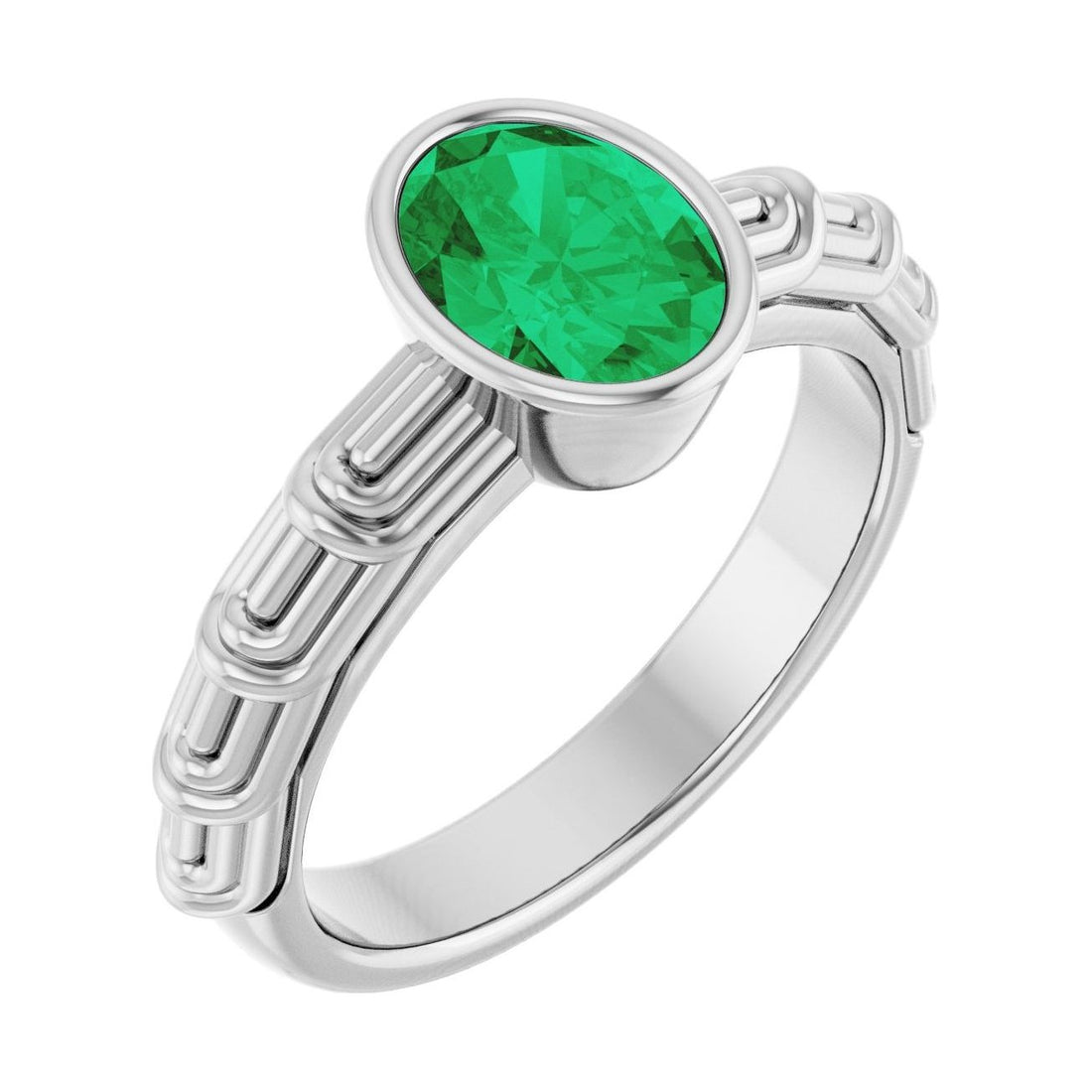 Oval Emerald Bezel-Set Engagement Ring in 14K White Gold with 1.5 ct oval diamond