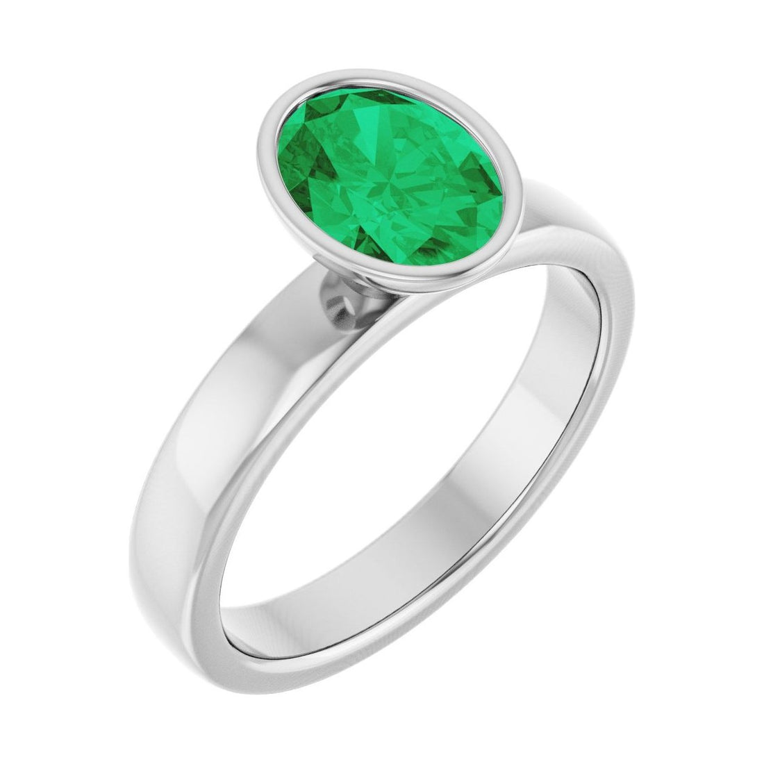 Oval Emerald Bezel-Set Engagement Ring in 14K White Gold with 1.5 ct oval diamond