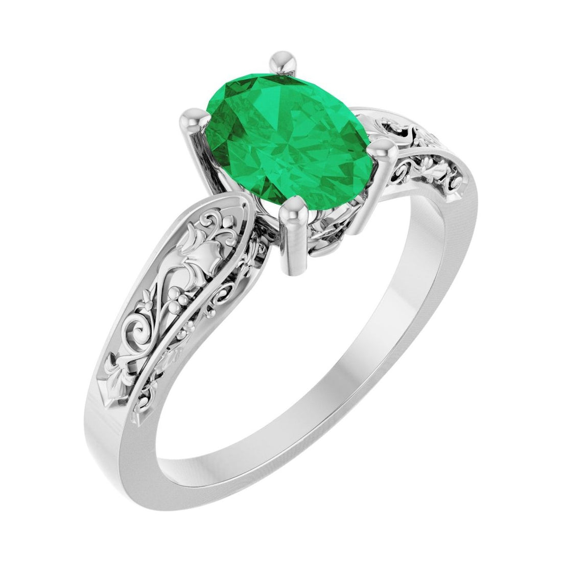Oval Emerald Floral Sculptural Solitaire Engagement Ring in 14K White Gold with 1.5 ct oval diamond