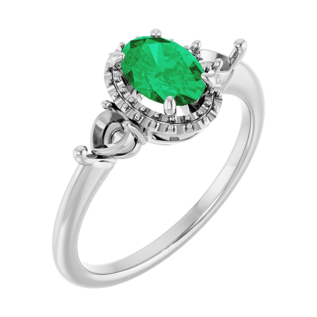 Oval Emerald Halo-Accented Three-Stone Engagement Ring in 14K White Gold with 1.0 ct oval diamond