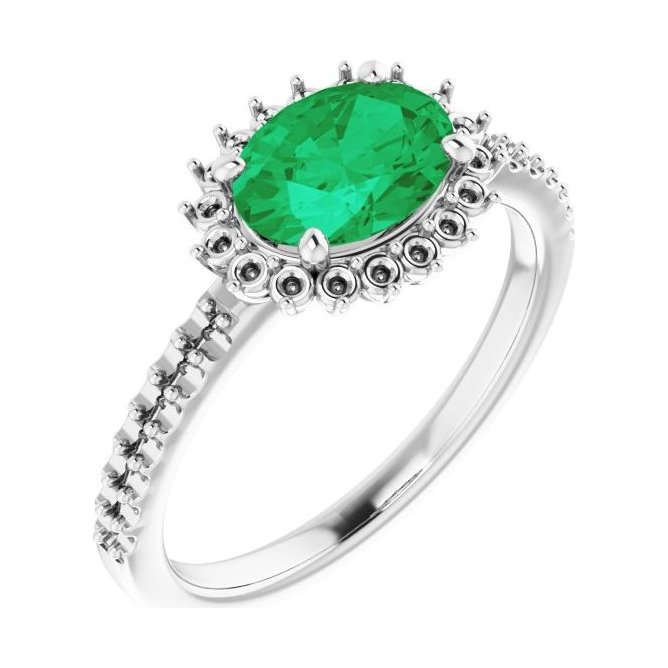 Oval Emerald Halo Engagement Ring in 14K White Gold with 1.5 ct oval diamond