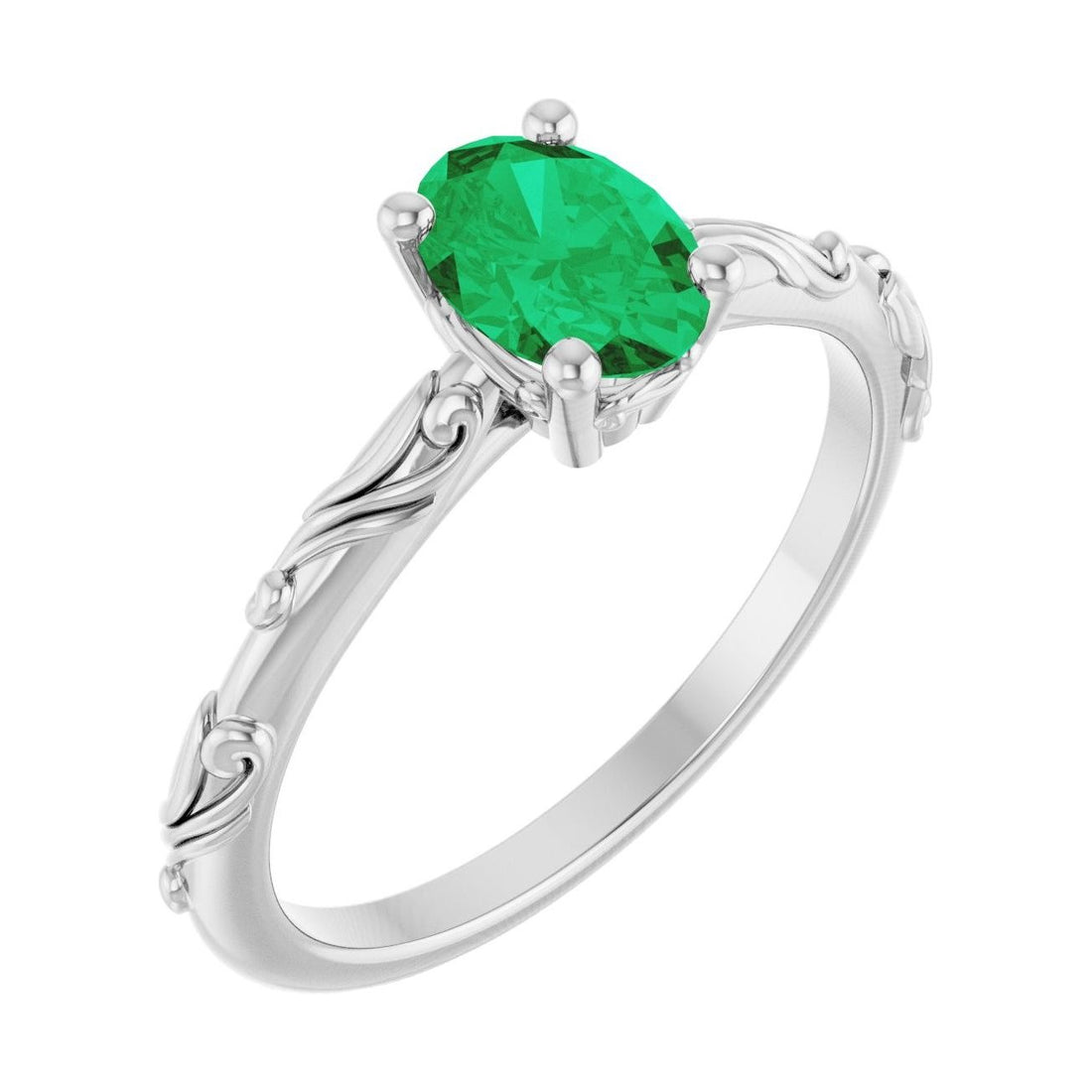 Oval Emerald Scroll Sculptural Solitaire Engagement Ring in 14K White Gold with 1.0 ct oval diamond