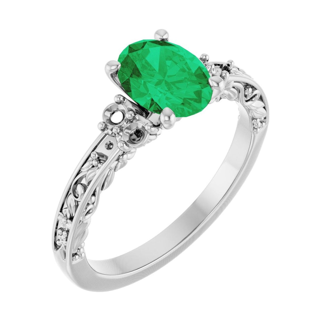 Oval Emerald Sculptural Pavé Engagement Ring in 14K White Gold with 1.5 ct oval diamond