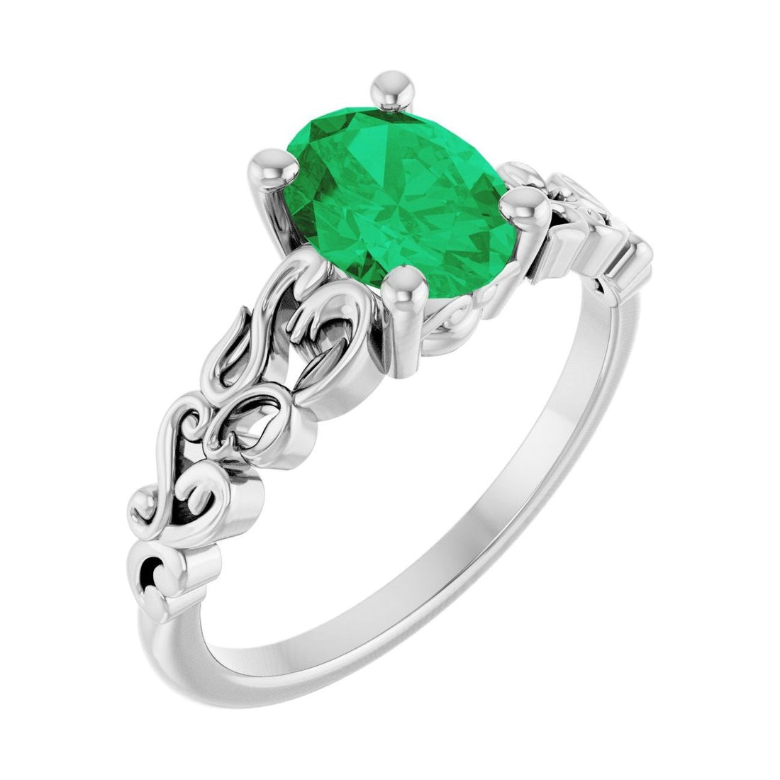 Oval Emerald Sculptural Solitaire Engagement Ring in 14K White Gold with 1.5 ct oval diamond
