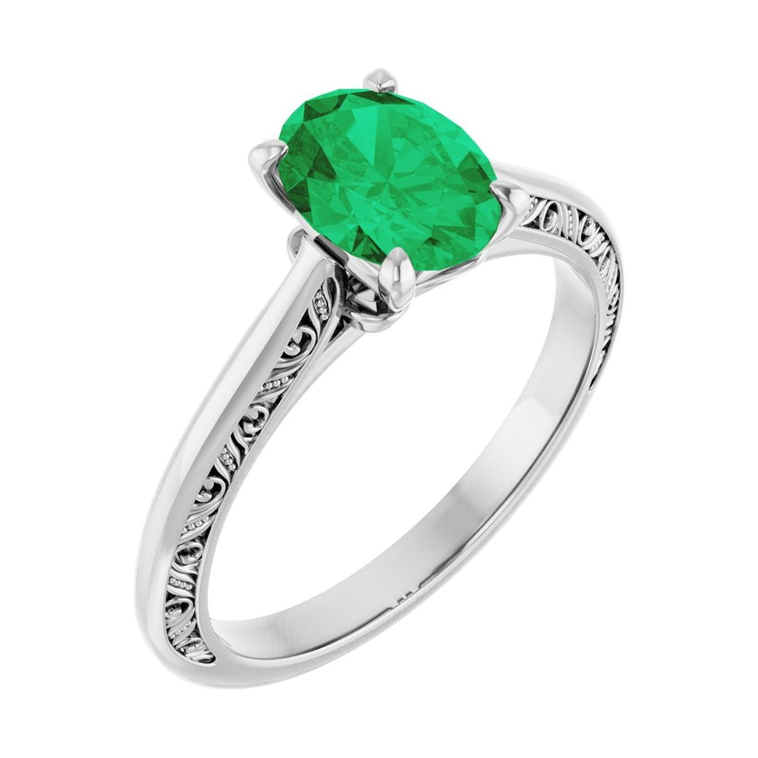 Oval Emerald Sculptural Solitaire Engagement Ring in 14K White Gold with 1.5 ct oval diamond