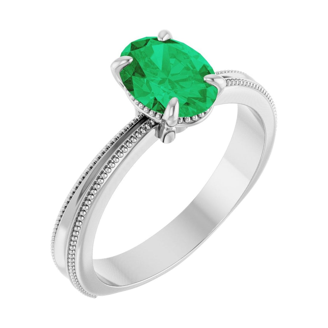 Oval Emerald Solitaire Engagement Ring in 14K White Gold with 1.5 ct oval diamond