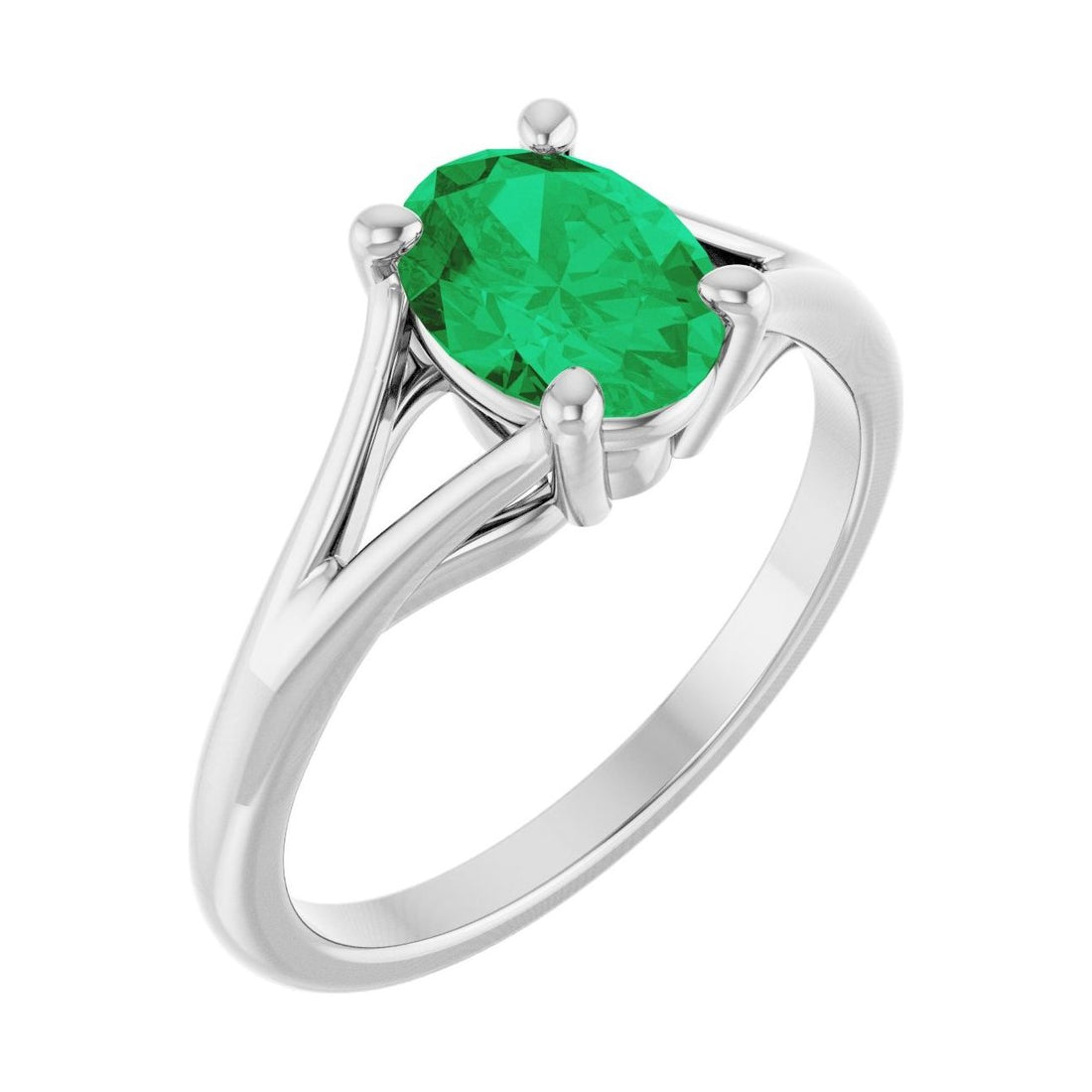 Oval Emerald Split-Shank Engagement Ring in 14K White Gold with 1.5 ct oval diamond