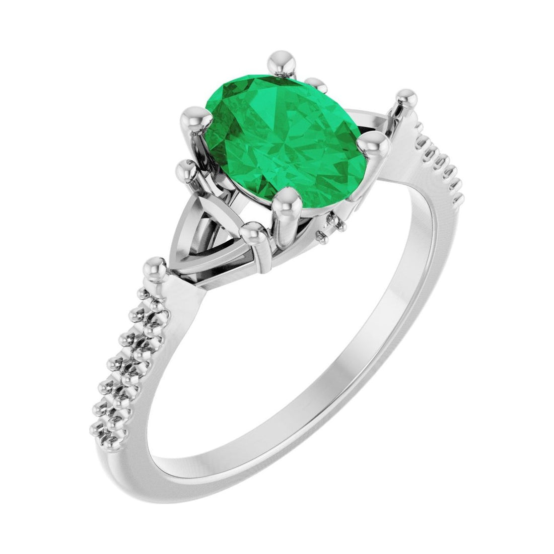 Oval Emerald Three-Stone Engagement Ring in 14K White Gold with 1.5 ct oval diamond