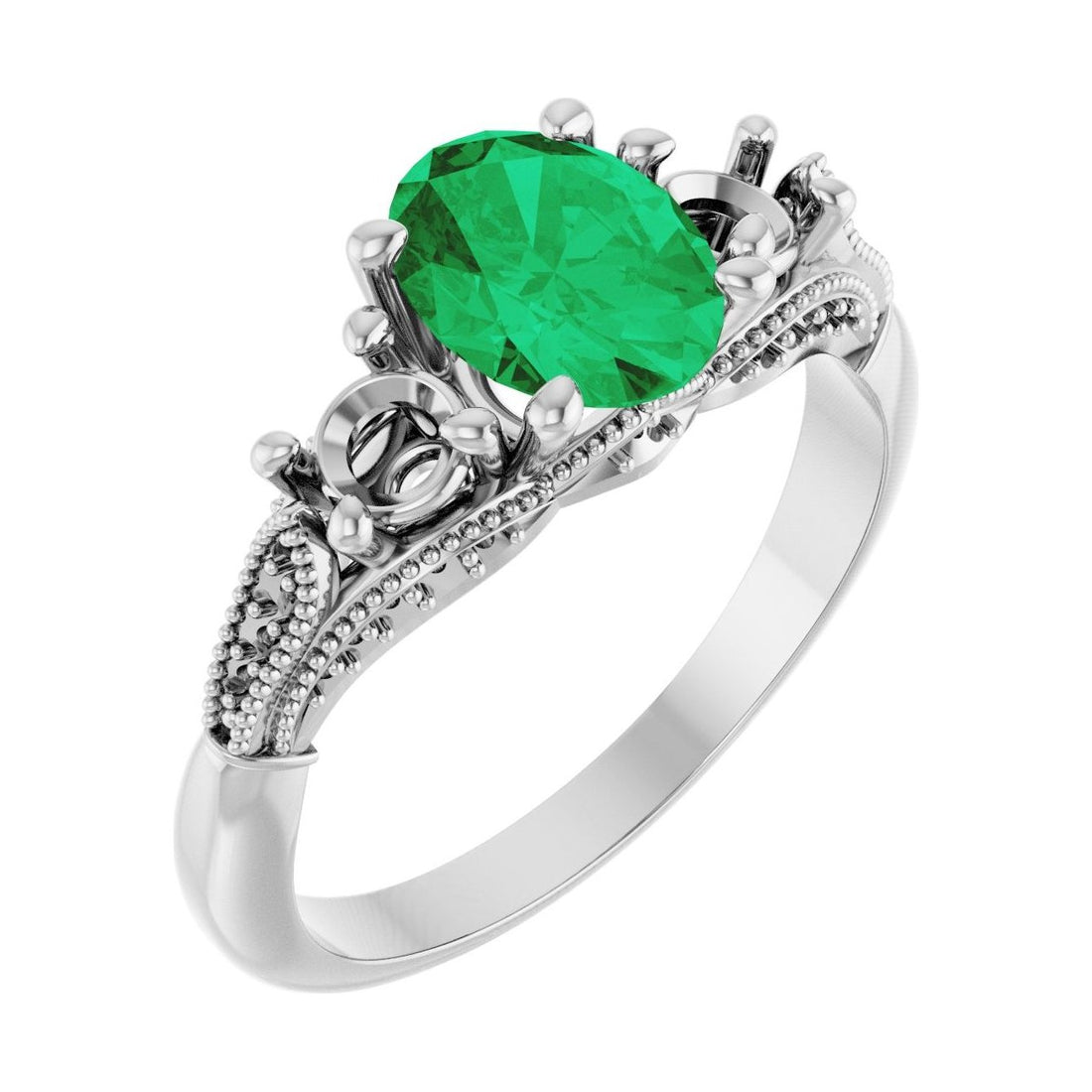 Oval Emerald Three-Stone Engagement Ring in 14K White Gold with 1.5 ct oval diamond