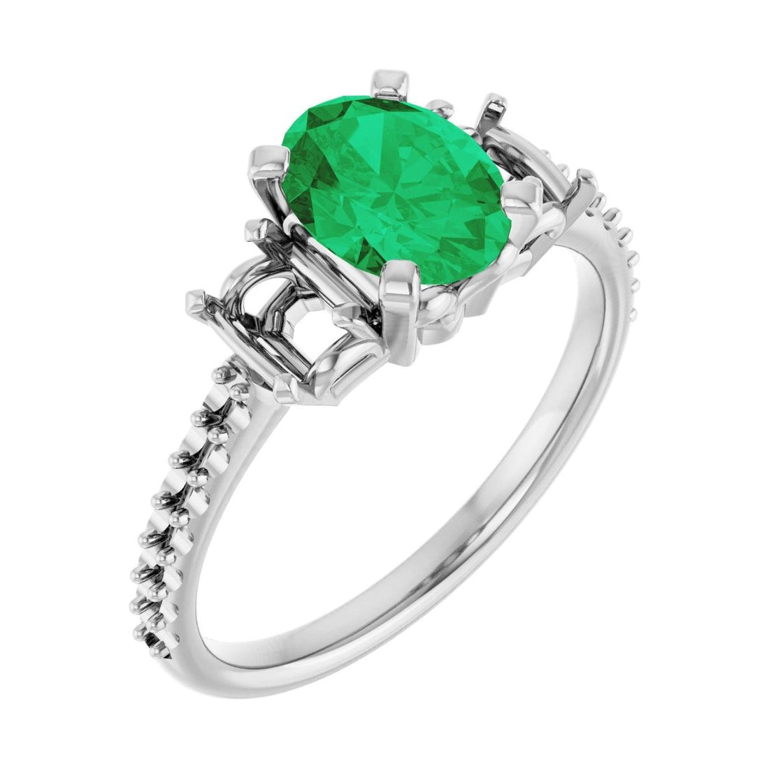Oval Emerald Three-Stone Engagement Ring in 14K White Gold with 1.5 ct oval diamond