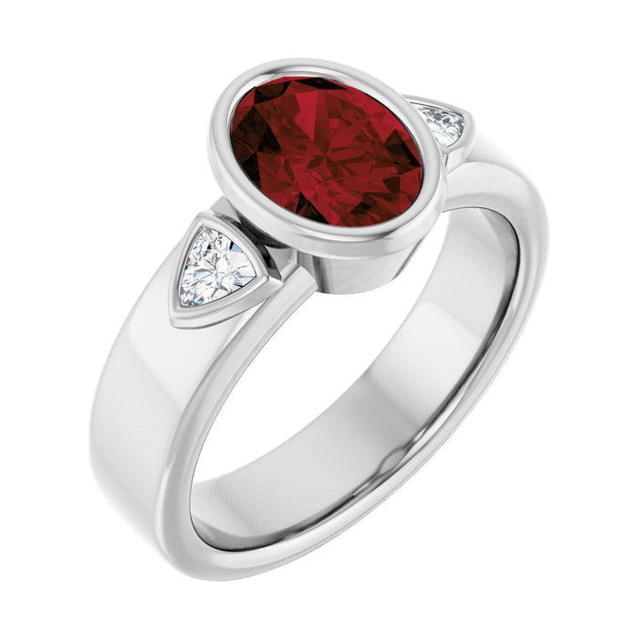 Oval Garnet Bezel-Set Engagement Ring in 14K White Gold with 1.5 ct oval diamond