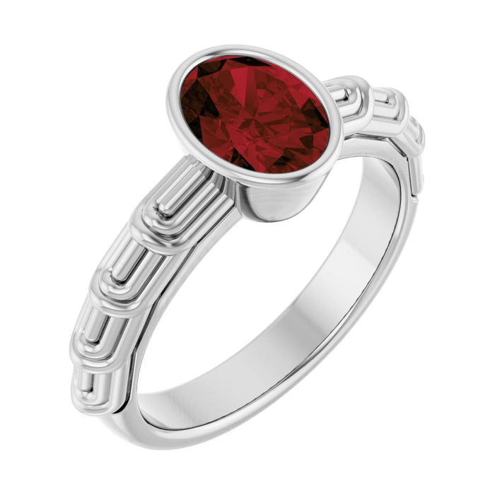 Oval Garnet Bezel-Set Engagement Ring in 14K White Gold with 1.5 ct oval diamond
