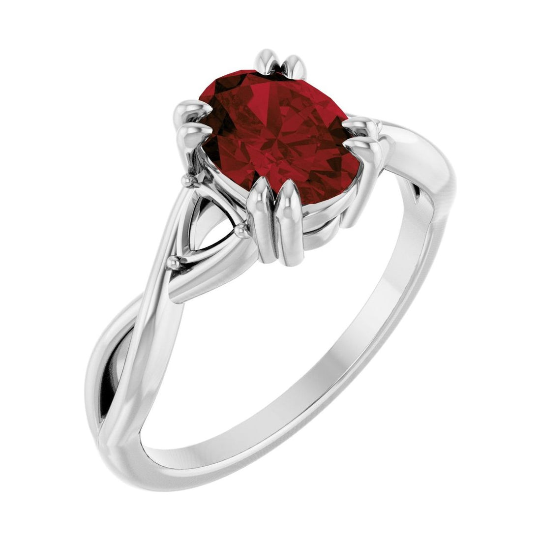Oval Garnet Double Claw-Prong Three-Stone Engagement Ring in 14K White Gold with 1.5 ct oval diamond