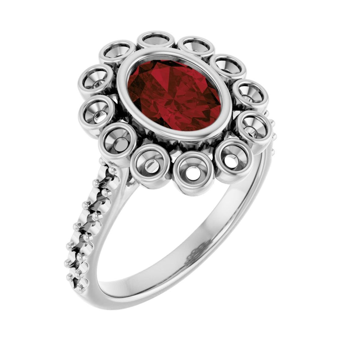 Oval Garnet Halo-Accented Bezel-Set Engagement Ring in 14K White Gold with 1.5 ct oval diamond