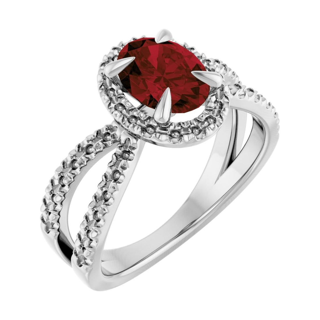 Oval Garnet Halo Engagement Ring in 14K White Gold with 1.5 ct oval diamond