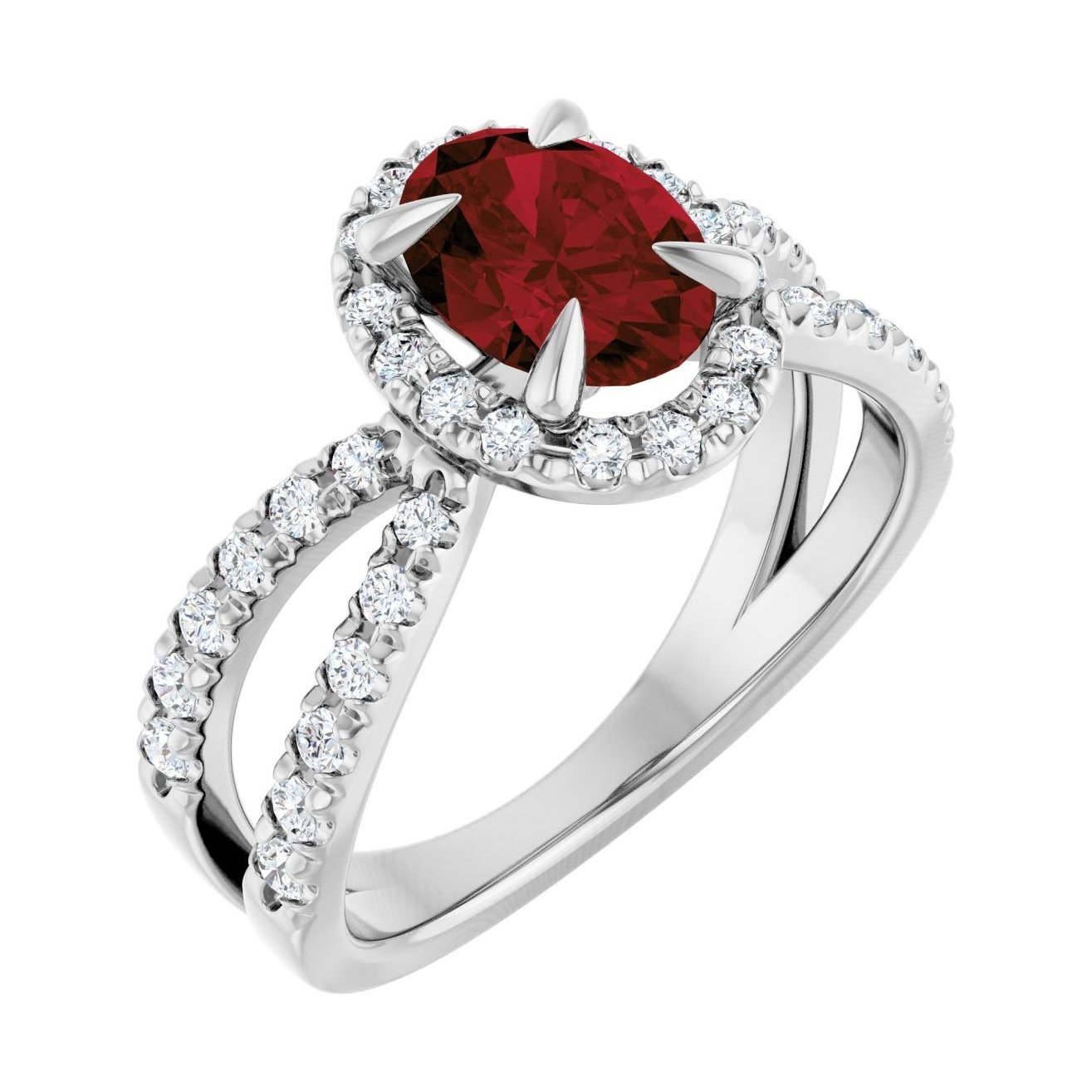 Oval Garnet Halo Engagement Ring in 14K White Gold with 1.5 ct oval diamond