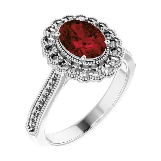 Oval Garnet Halo Engagement Ring in 14K White Gold with 1.5 ct oval diamond