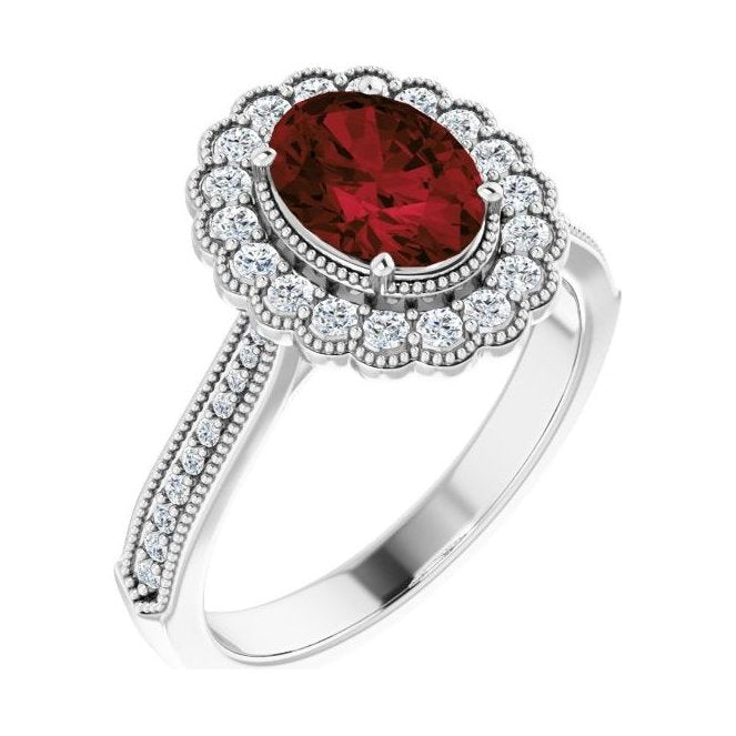 Oval Garnet Halo Engagement Ring in 14K White Gold with 1.5 ct oval diamond
