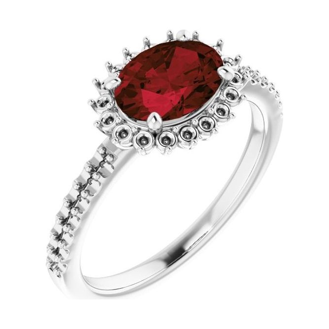 Oval Garnet Halo Engagement Ring in 14K White Gold with 1.5 ct oval diamond