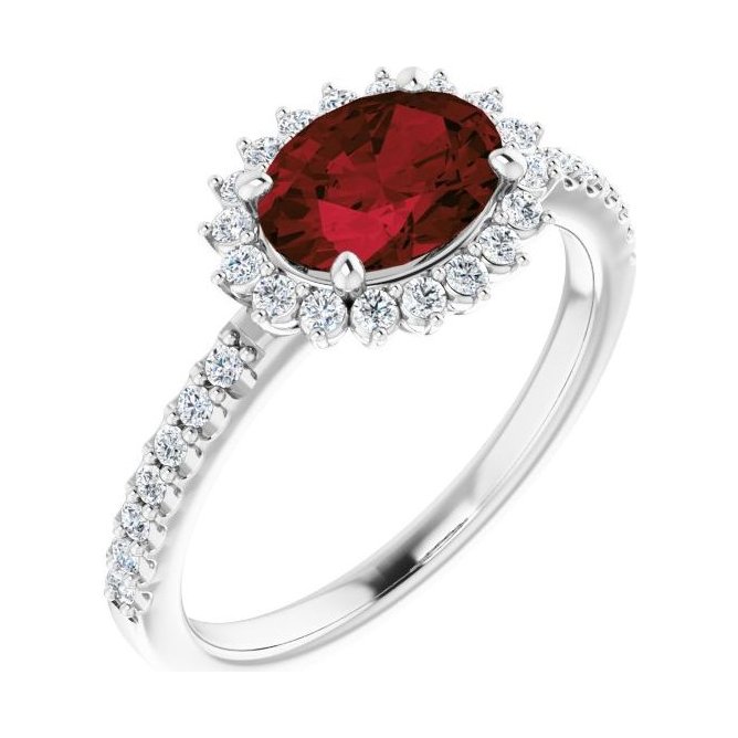 Oval Garnet Halo Engagement Ring in 14K White Gold with 1.5 ct oval diamond
