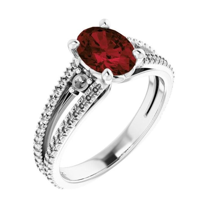 Oval Garnet Pavé Engagement Ring in 14K White Gold with 1.5 ct oval diamond