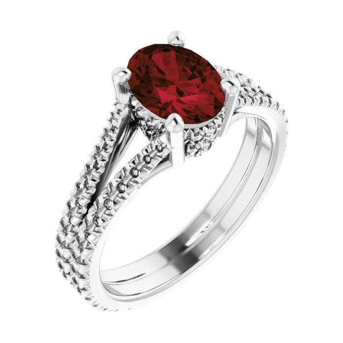 Oval Garnet Pavé Engagement Ring in 14K White Gold with 1.5 ct oval diamond