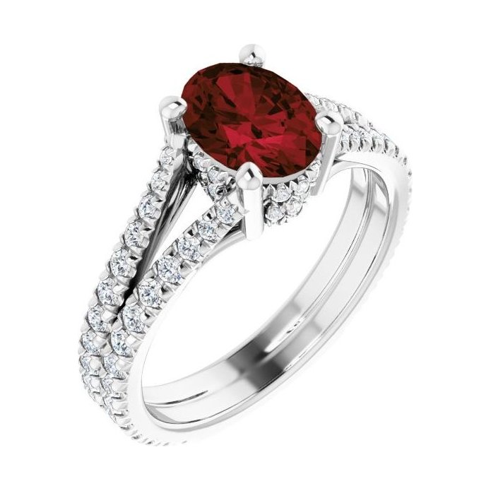 Oval Garnet Pavé Engagement Ring in 14K White Gold with 1.5 ct oval diamond
