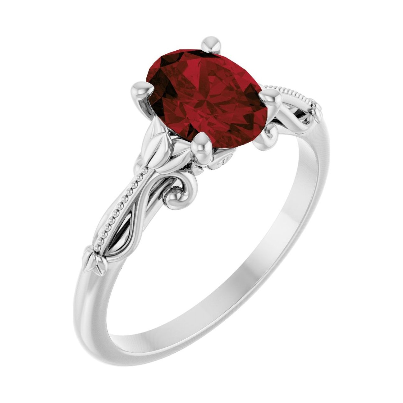 Oval Garnet Sculptural Solitaire Engagement Ring in 14K White Gold with 1.5 ct oval diamond