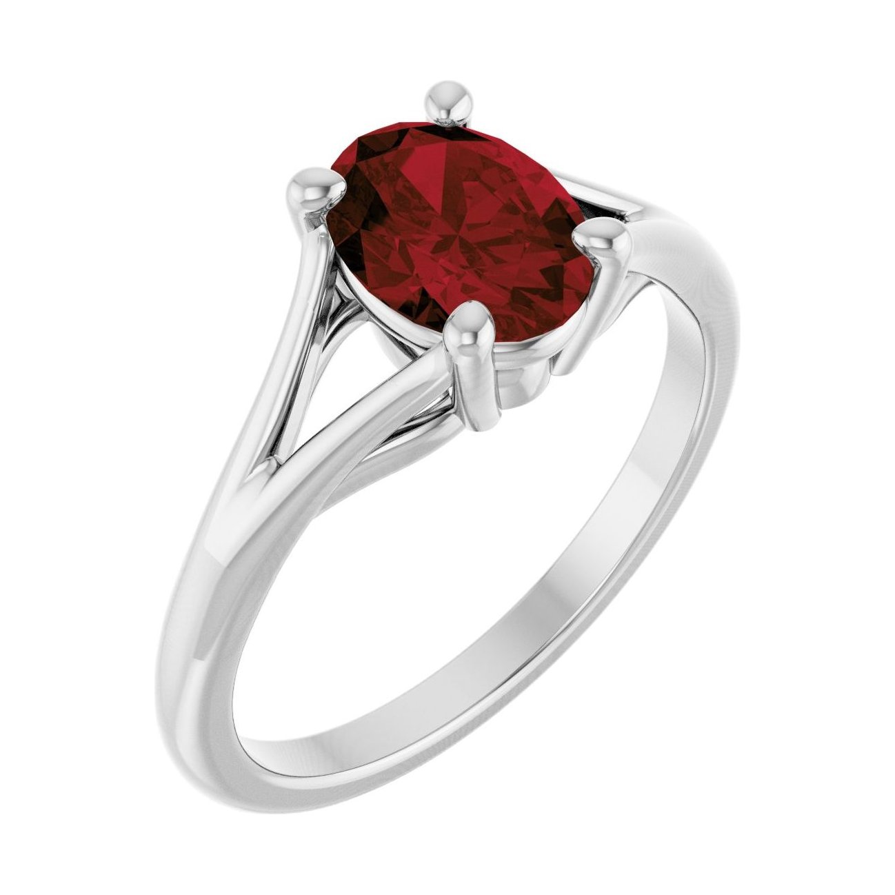 Oval Garnet Split-Shank Engagement Ring in 14K White Gold with 1.5 ct oval diamond