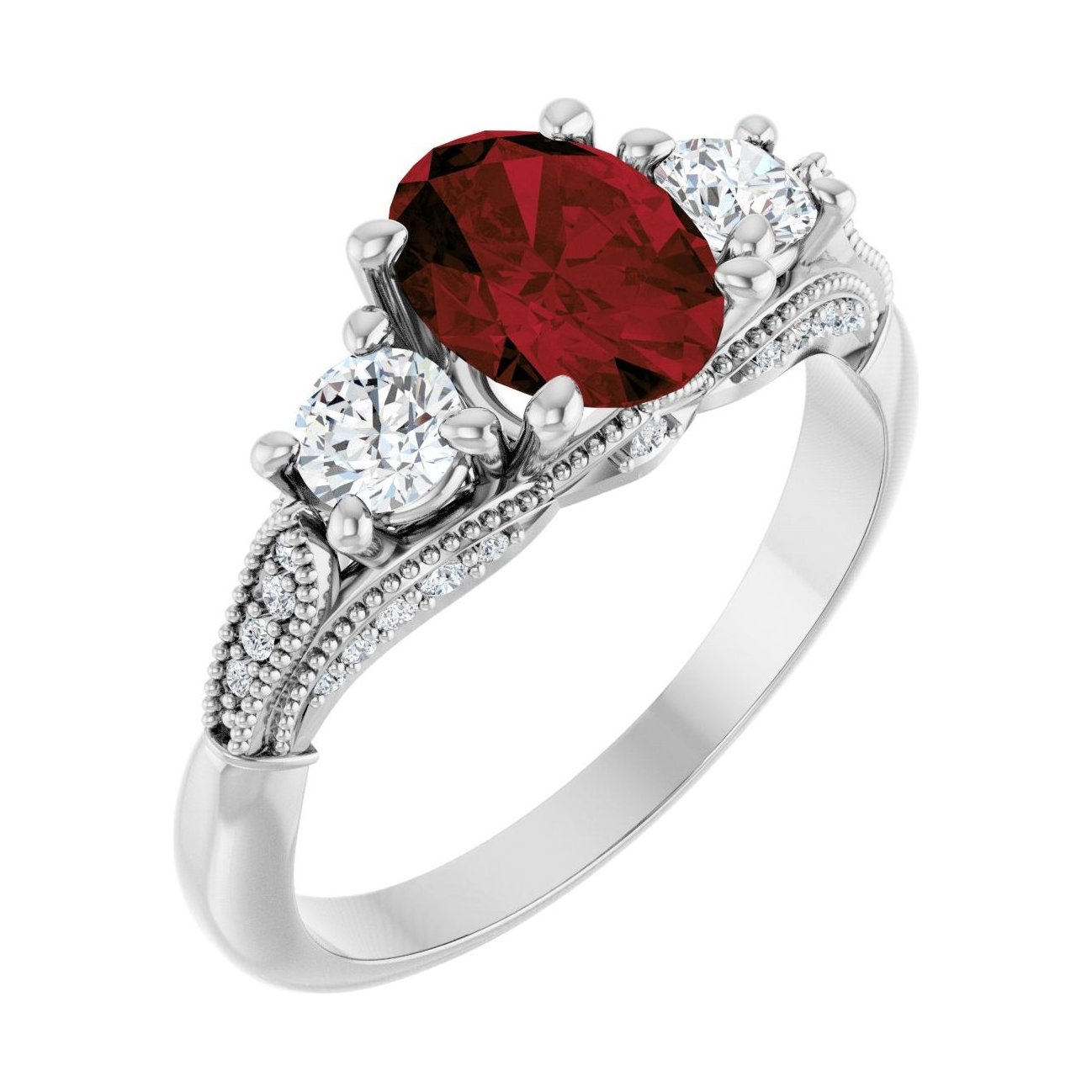 Oval Garnet Three-Stone Engagement Ring in 14K White Gold with 1.5 ct oval diamond