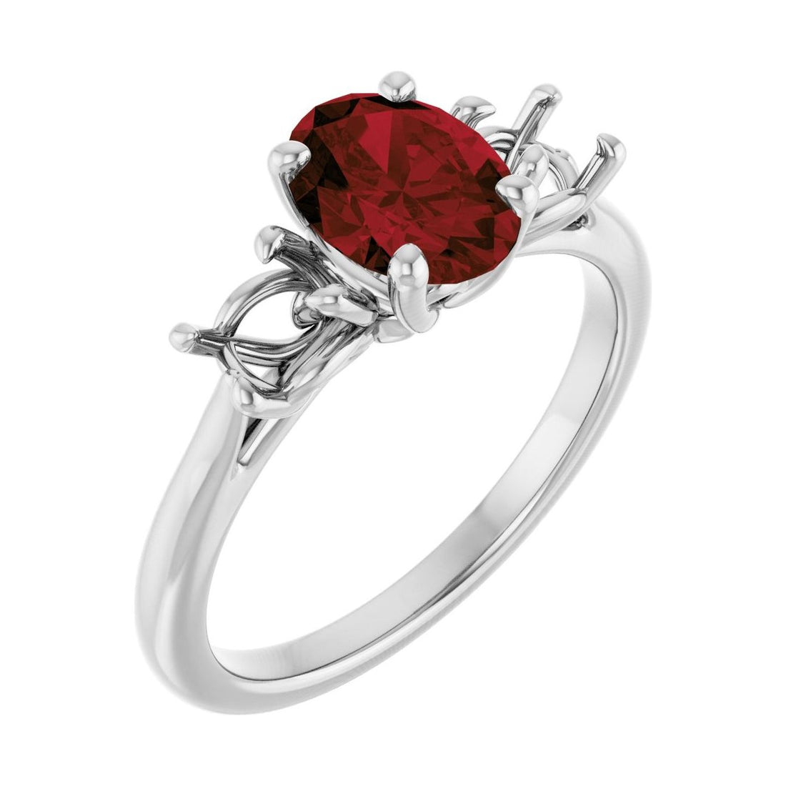 Oval Garnet Three-Stone Engagement Ring in 14K White Gold with 1.5 ct oval diamond